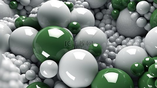 以白色绿色和灰色球为特色的抽象插图的特写 3D 渲染