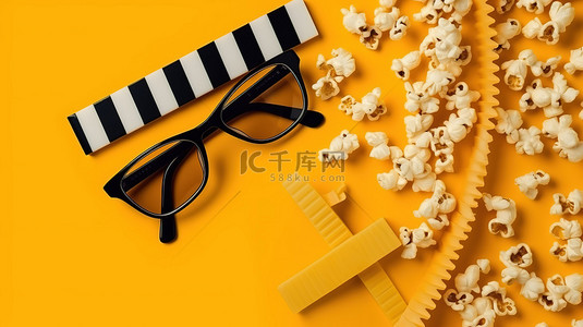 娱乐行业电影拍板 3D 眼镜和黄色背景爆米花的顶视图，带有戏剧性的阴影