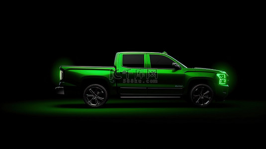 绿色皮卡车背景图片_黑色背景与绿色皮卡车的 3d 渲染