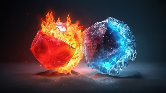 火与冰概念的高级 3D 插图