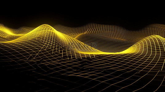 醒目的黄色立体条纹几何波和发光十字线的 3D 渲染