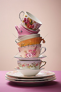 茶杯蛋糕背景图片_一堆茶杯玻璃碟子盘子和蛋糕用具