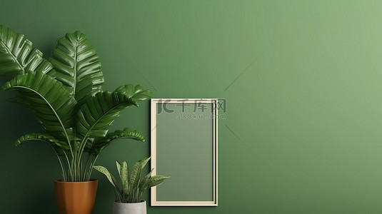 绿墙上空闲的垂直框架，有足够的空间适合您的设计，非常适合图片海报或植物展示 3D 渲染模型