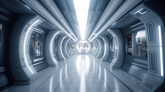 走廊显示器背景图片_未来派科幻走廊和走廊室内设计的 3D 渲染