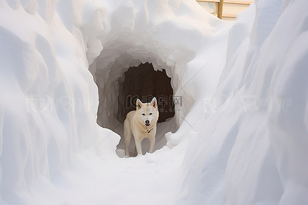 东北雪屋背景图片_一只白狗站在雪隧道里