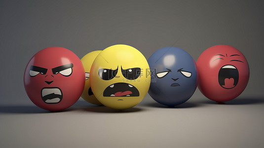 灰色背景上带有气球符号的愤怒 Facebook 反应表情符号的 3D 渲染