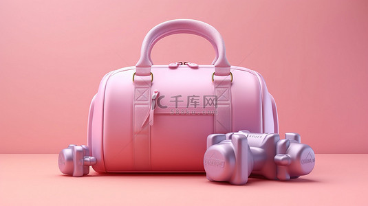 健身配件粉红色柔和的 3D 渲染和非常 peri 背景与运动包水瓶和哑铃