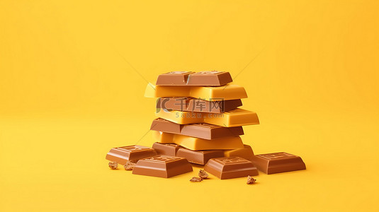 芥末色背景，3D 插图中牛奶巧克力棒的独立特写和分散的巧克力片