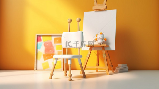 儿童卡通白板和椅子的概念 3D 渲染