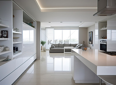 冰箱电器背景图片_带有白色橱柜的开放式厨房
