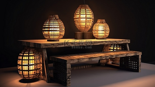 生态友好的坐桌使用轮胎废木灯和竹百叶窗进行 3D 渲染