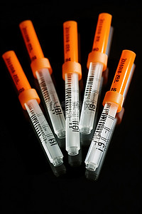 注射器背景图片_五个带有橙色标签的注射器