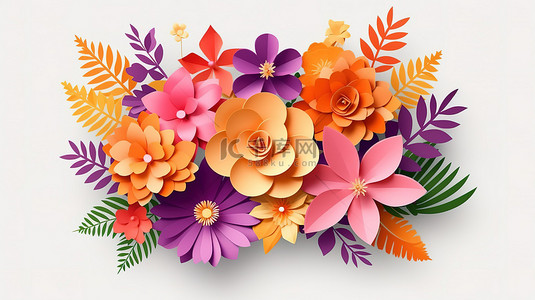 带剪切路径的纸张风格 3D 渲染中的花卉设计