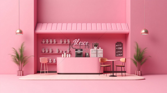 咖啡店的 3d 渲染，具有极简主义设计的粉红色背景和白色商店标志