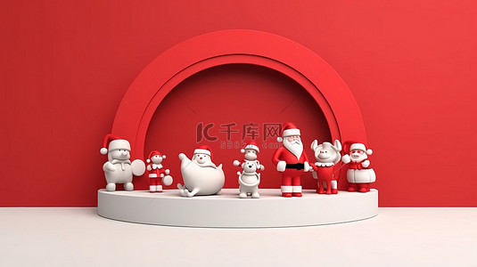 圣诞老人雪人背景图片_圣诞老人和朋友在讲台上展示产品 3D 渲染来庆祝圣诞节