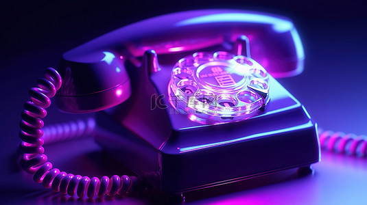 紫色霓虹灯照亮的固定电话的 3D 特写图