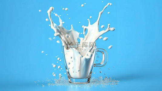 蓝色背景上牛奶溅入玻璃杯中的 3D 插图