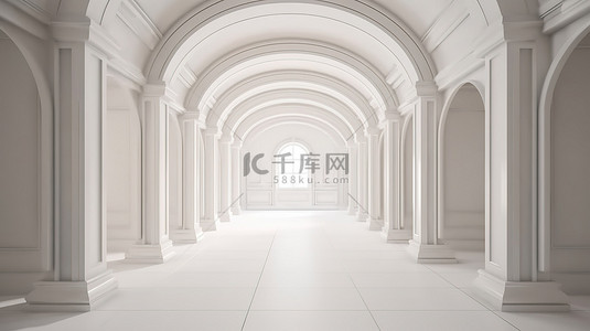 带柱子和走廊的空墙的几何拱廊建筑 3D 渲染