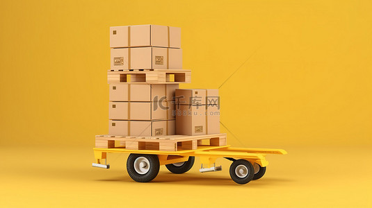 木托盘上手动托盘车和纸板箱的黄色背景 3D 渲染