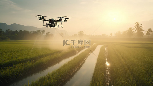 农业无人机在茂密的草地上喷水的 3D 渲染
