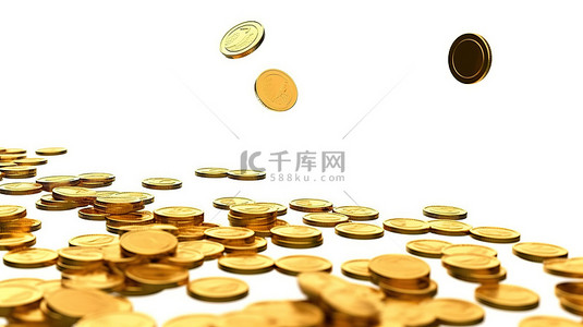 3D 渲染金币硬币落到白色背景的堆栈上