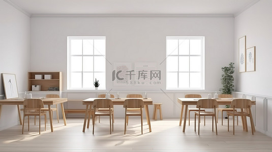 用桌子和白屏模型想象室内设计的完美教室 3D 渲染