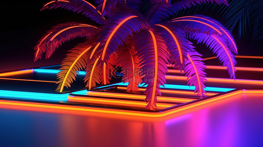 灯的组成背景图片_霓虹灯照亮的棕榈树和抽象形状组成的 3D 渲染