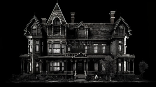 维多利亚风格的黑色背景插图，以 3D 多角度观看老房子为特色