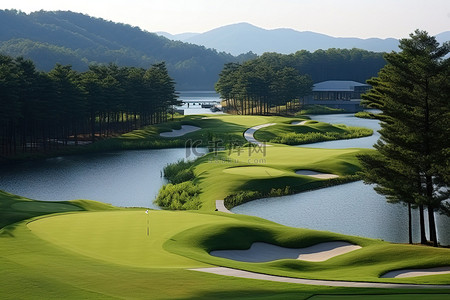 哥尔夫球背景图片_毗邻湖泊和森林的高尔夫球场