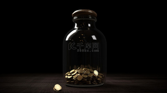 黑色金字背景图片_比特币金融概念 3d 渲染一个玻璃罐，里面装满了黑色和木质背景下的金色比特币