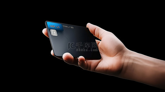 在隔离背景下使用信用卡触摸智能手机屏幕的手部 3D 渲染