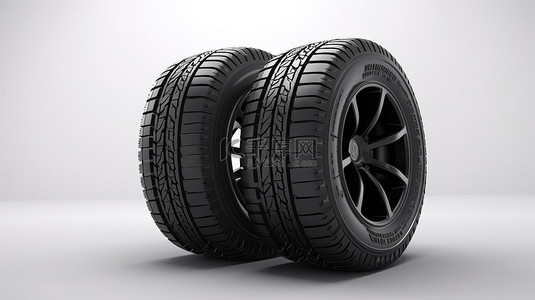 黑色轮胎与合金轮堆叠在白色背景上的 3D 渲染中