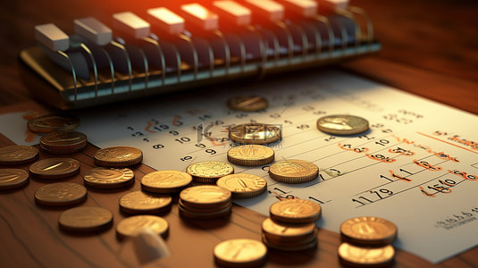 3D 渲染的工资分配日历插图，其中包含硬币和一堆钱