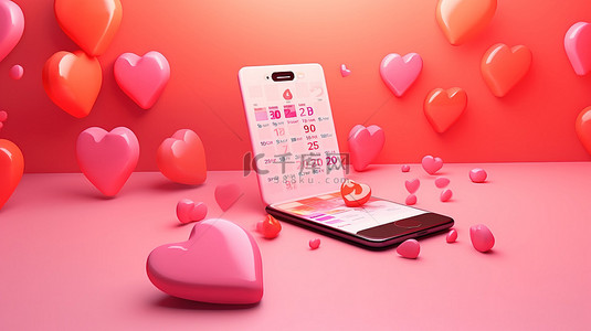 充满爱的智能手机日历和 3D 渲染情人节背景上的表情符号