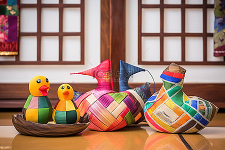 桌上有两只鸭子雕像，上面有五颜六色的礼物
