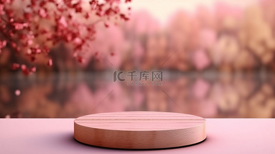 湖边粉红色树木和草的散景背景中圆形木质讲台的 3D 渲染