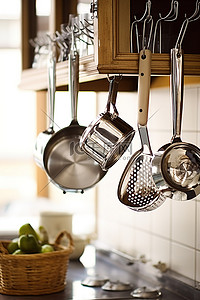 高柜背景图片_将金属厨房用具挂在带有篮子的柜台上