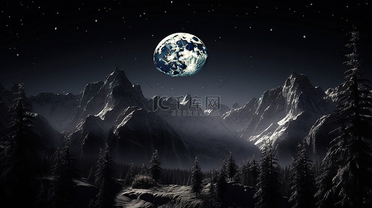 黑暗的山风景 3D 壁纸，包括繁星点点的夜空和月亮，黑暗背景下有黑色的树木