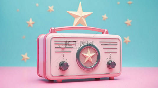 音乐星空背景图片_3D 渲染的柔和星空背景上的复古粉色收音机