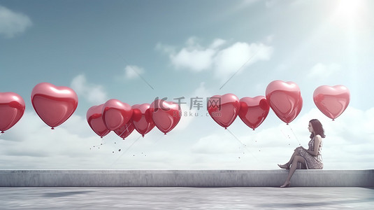 情侣气球背景图片_一位恋爱中的年轻女子坐在长凳上拥抱心形气球，呈现令人惊叹的 3D 渲染效果