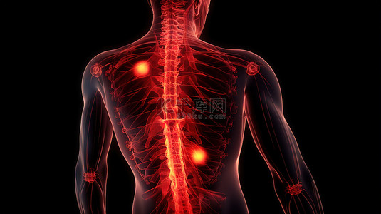 盆腔疼痛背景图片_背痛痛苦 3d 在黑色背景上渲染可视化