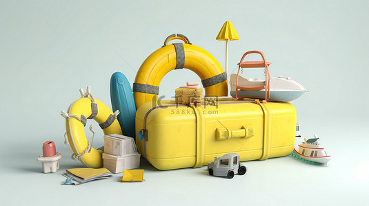 白色背景与浮动假日对象黄色手提箱和蓝色救生圈的 3D 渲染