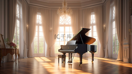 阳光明媚的音乐室，配有精美放置的钢琴 3D 渲染