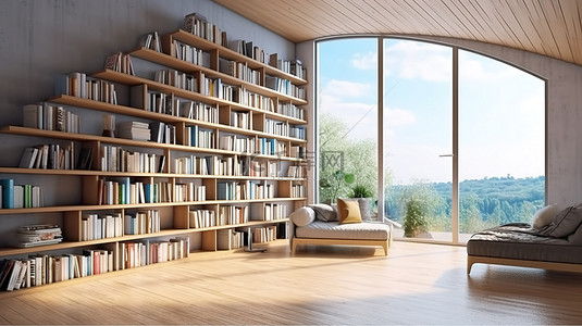 现代房间有大窗户和图书馆书架，书架上堆满了 3d 渲染