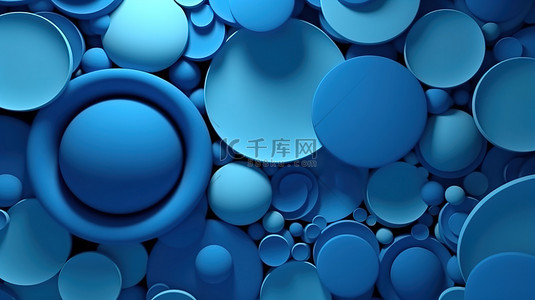 一组蓝色形状和纹理球体，以蓝色背景为背景，抽象 3D 渲染