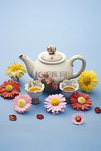 四杯茶壶，背景是鲜花