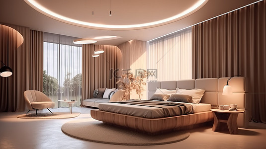 客房背景图片_酒店或公寓卧室和起居空间室内设计的垂直 3D 渲染