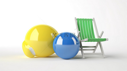 白色蓝色黄色和绿色躺椅在 3d 渲染与白色背景上的沙滩球