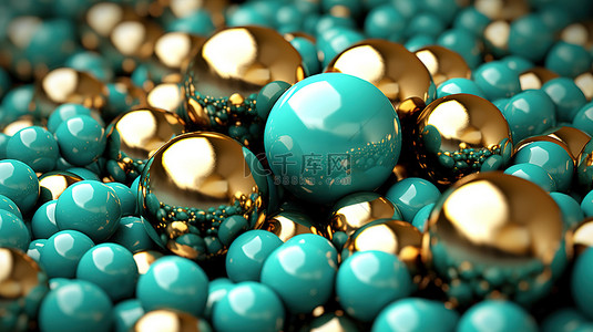 绿松石背景的闪闪发光的 3D 渲染，带有金属球和金色装饰