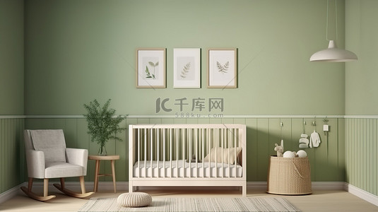 儿童温馨背景图片_温馨的托儿所内部设有白色婴儿床，靠在绿色墙壁上，从前面以 3D 渲染方式捕获